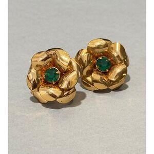 Coro Flower Earrings Women Gold Tone Green Vintage Botanical Screw Back Rose